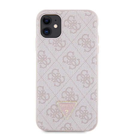 iPhone 11 Uyumlu Kılıf Guess Orjinal Lisanslı PU Deri Taşlı Üçgen Logo 4G Desenli Kapak Pembe