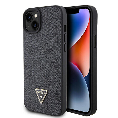 iPhone 15 Uyumlu Kılıf Guess Orjinal Lisanslı PU Deri Taşlı Üçgen Logo 4G Desenli Strass Kapak Siyah
