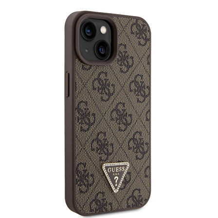 iPhone 15 Uyumlu Kılıf Guess Orjinal Lisanslı PU Deri Taşlı Üçgen Logo 4G Desenli Strass Kahverengi