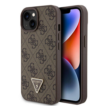iPhone 15 Uyumlu Kılıf Guess Orjinal Lisanslı PU Deri Taşlı Üçgen Logo 4G Desenli Strass Kahverengi