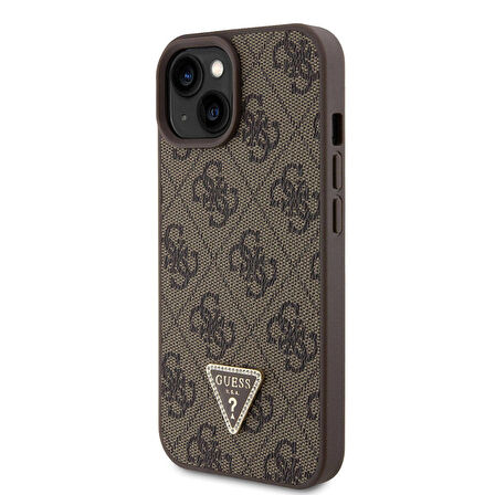 iPhone 15 Uyumlu Kılıf Guess Orjinal Lisanslı PU Deri Taşlı Üçgen Logo 4G Desenli Strass Kahverengi