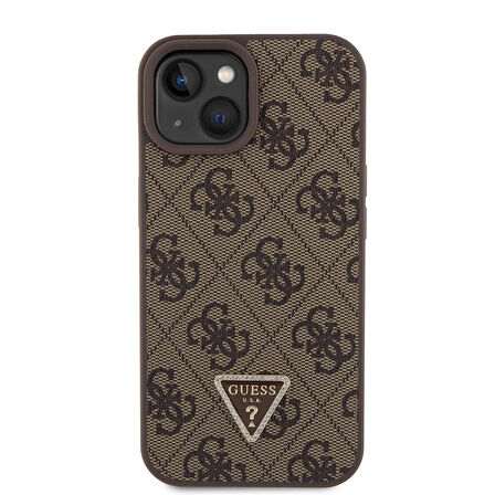 iPhone 15 Uyumlu Kılıf Guess Orjinal Lisanslı PU Deri Taşlı Üçgen Logo 4G Desenli Strass Kahverengi