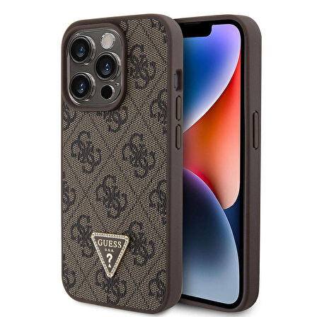 iPhone 15 Pro Uyumlu Kılıf Guess Orjinal Lisans PU Deri Taşlı Üçgen Logo 4G Desen Strass Kahverengi