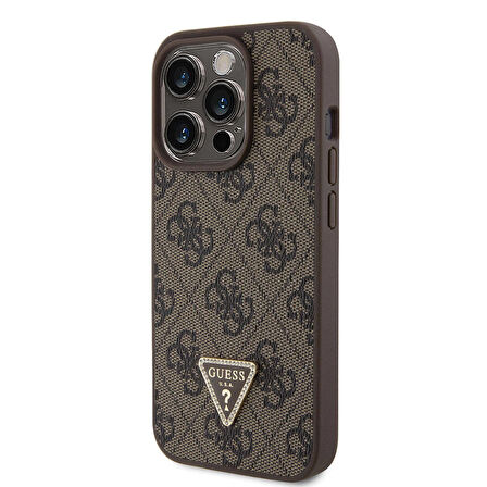 iPhone 15 Pro Uyumlu Kılıf Guess Orjinal Lisans PU Deri Taşlı Üçgen Logo 4G Desen Strass Kahverengi