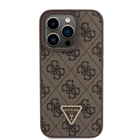 iPhone 15 Pro Uyumlu Kılıf Guess Orjinal Lisans PU Deri Taşlı Üçgen Logo 4G Desen Strass Kahverengi