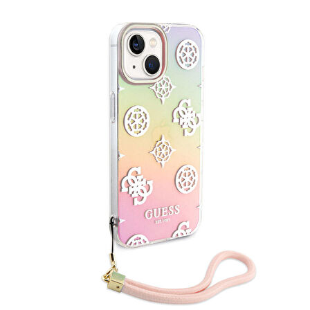 iPhone 15 Plus Kılıf Guess Orjinal Lisanslı Yazı Logolu Askı İpli Holografik Glitter Peony Pembe