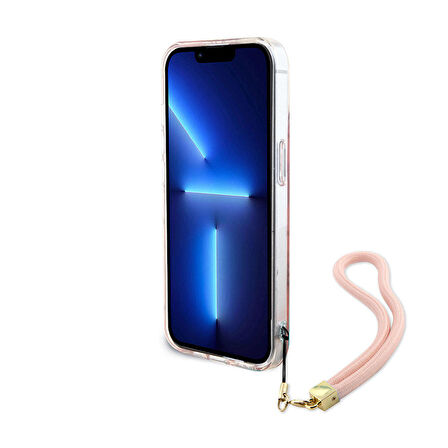 iPhone 15 Plus Kılıf Guess Orjinal Lisanslı Yazı Logolu Askı İpli Holografik Glitter Peony Pembe