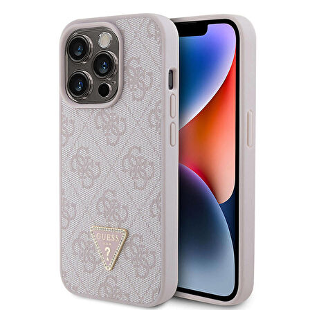 iPhone 15 Pro Uyumlu Kılıf Guess Orjinal Lisanslı PU Deri Taşlı Üçgen Logo 4G Desenli Strass Pembe
