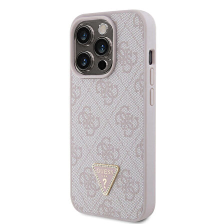 iPhone 15 Pro Uyumlu Kılıf Guess Orjinal Lisanslı PU Deri Taşlı Üçgen Logo 4G Desenli Strass Pembe