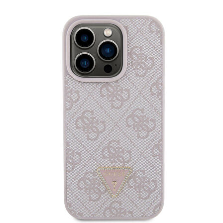 iPhone 15 Pro Uyumlu Kılıf Guess Orjinal Lisanslı PU Deri Taşlı Üçgen Logo 4G Desenli Strass Pembe