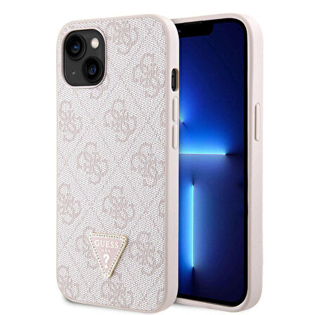 iPhone 14 Uyumlu Kılıf Guess Orjinal Lisanslı PU Deri Taşlı Üçgen Logo 4G Desenli Kapak Pembe