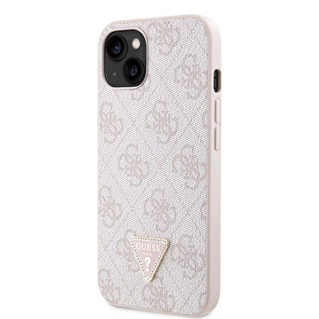iPhone 14 Uyumlu Kılıf Guess Orjinal Lisanslı PU Deri Taşlı Üçgen Logo 4G Desenli Kapak Pembe