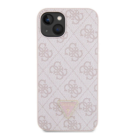 iPhone 14 Uyumlu Kılıf Guess Orjinal Lisanslı PU Deri Taşlı Üçgen Logo 4G Desenli Kapak Pembe