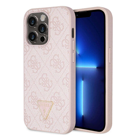iPhone 14 Pro Max Uyumlu Kılıf Guess Orjinal Lisanslı PU Deri Taşlı Üçgen Logo 4G Desen Kapak Pembe