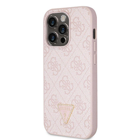 iPhone 14 Pro Max Uyumlu Kılıf Guess Orjinal Lisanslı PU Deri Taşlı Üçgen Logo 4G Desen Kapak Pembe