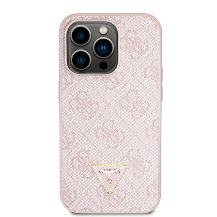 iPhone 14 Pro Max Uyumlu Kılıf Guess Orjinal Lisanslı PU Deri Taşlı Üçgen Logo 4G Desen Kapak Pembe