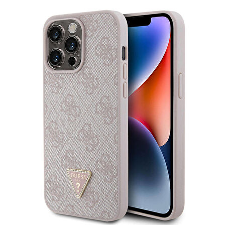 iPhone 15 Pro Max Uyumlu Kılıf Guess Orjinal Lisans PU Deri Taşlı Üçgen Logo 4G Desen Strass Pembe