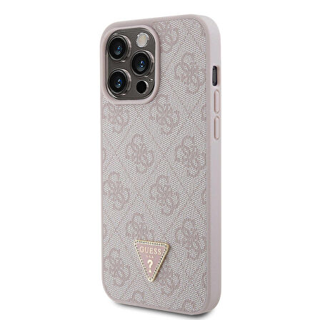 iPhone 15 Pro Max Uyumlu Kılıf Guess Orjinal Lisans PU Deri Taşlı Üçgen Logo 4G Desen Strass Pembe