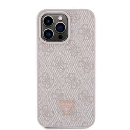iPhone 15 Pro Max Uyumlu Kılıf Guess Orjinal Lisans PU Deri Taşlı Üçgen Logo 4G Desen Strass Pembe