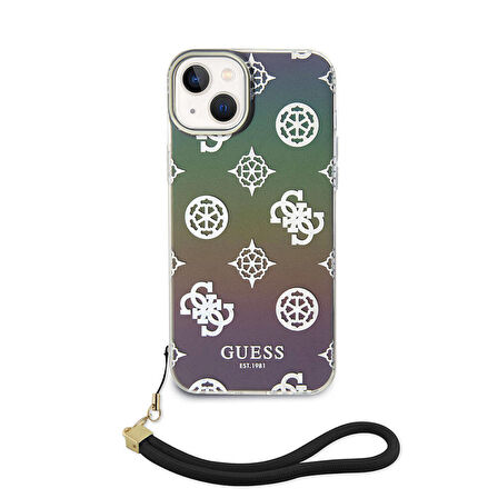 iPhone 15 Plus Kılıf Guess Orjinal Lisanslı Yazı Logolu Askı İpli Holografik Glitter Peony Siyah