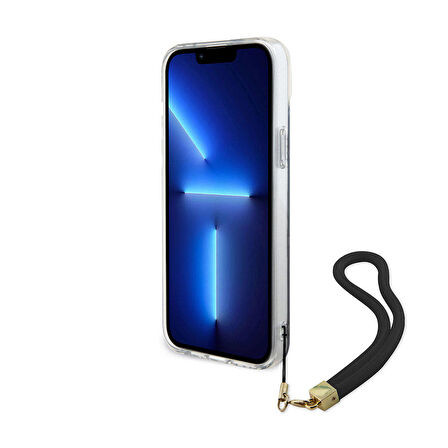 iPhone 15 Plus Kılıf Guess Orjinal Lisanslı Yazı Logolu Askı İpli Holografik Glitter Peony Siyah