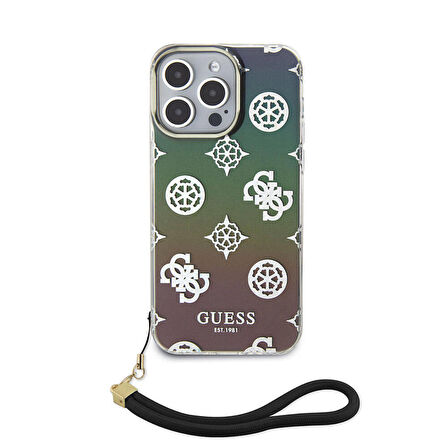 iPhone 15 Pro Kılıf Guess Orjinal Lisanslı Yazı Logolu Askı İpli Holografik Glitter Peony Siyah