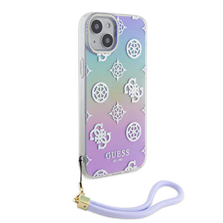 iPhone 15 Kılıf Guess Orjinal Lisanslı Desenli Yazı Logolu Askı İpli Holografik Glitter Peony Mor