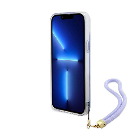 iPhone 15 Kılıf Guess Orjinal Lisanslı Desenli Yazı Logolu Askı İpli Holografik Glitter Peony Mor