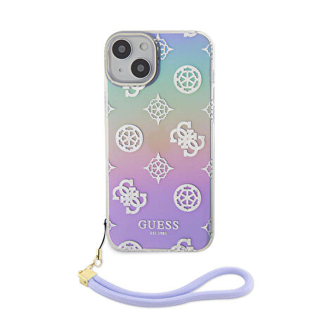iPhone 15 Plus Kılıf Guess Orjinal Lisanslı Yazı Logolu Askı İpli Holografik Glitter Peony Mor