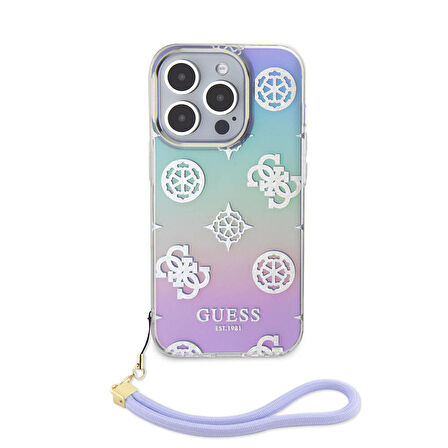 iPhone 15 Pro Kılıf Guess Orjinal Lisanslı Desenli Yazı Logo Askı İpli Holografik Glitter Peony Mor
