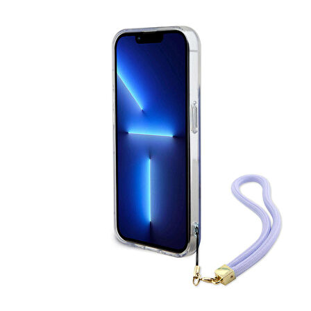 iPhone 15 Pro Kılıf Guess Orjinal Lisanslı Desenli Yazı Logo Askı İpli Holografik Glitter Peony Mor