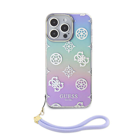 iPhone 15 Pro Max Kılıf Guess Orjinal Lisans Yazı Logolu Askı İpli Holografik Glitter Peony Mor