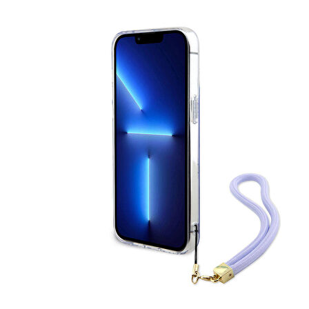iPhone 15 Pro Max Kılıf Guess Orjinal Lisans Yazı Logolu Askı İpli Holografik Glitter Peony Mor