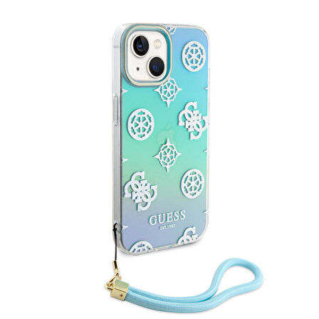 iPhone 15 Kılıf Guess Orjinal Lisanslı Desenli Logolu Askı İpli Holografik Glitter Peony Turkuaz