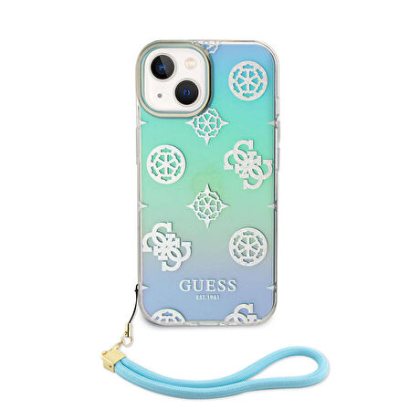 iPhone 15 Kılıf Guess Orjinal Lisanslı Desenli Logolu Askı İpli Holografik Glitter Peony Turkuaz