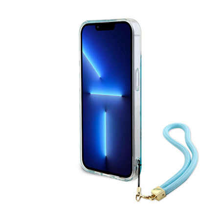 iPhone 15 Kılıf Guess Orjinal Lisanslı Desenli Logolu Askı İpli Holografik Glitter Peony Turkuaz