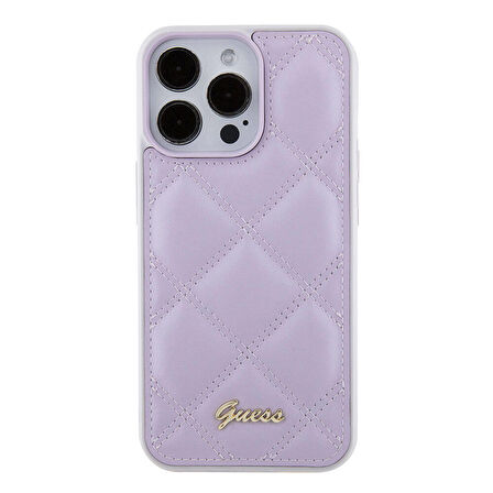 iPhone 15 Pro Max Uyumlu Kılıf Guess Orjinal Lisanslı PU Deri Metal Yazı Logolu Kapitone Açık Mor