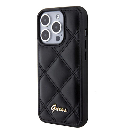 iPhone 15 Pro Uyumlu Kılıf Guess Orjinal Lisanslı PU Deri Metal Yazı Logolu Kapitone Kapak Siyah