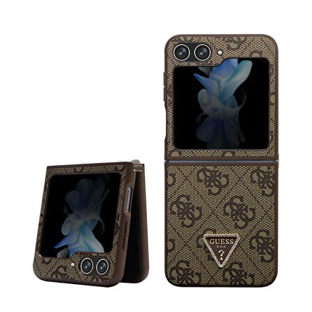 Galaxy Z Flip 5 Kılıf Guess Orjinal Lisanslı PU Deri Taşlı Üçgen Logo 4G Desenli Strass Kahverengi