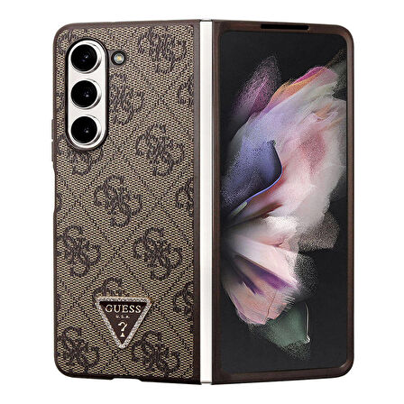 Galaxy Z Fold 5 Kılıf Guess Orjinal Lisanslı PU Deri Taşlı Üçgen Logo 4G Desenli Strass Kahverengi