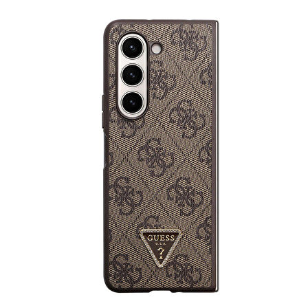 Galaxy Z Fold 5 Kılıf Guess Orjinal Lisanslı PU Deri Taşlı Üçgen Logo 4G Desenli Strass Kahverengi
