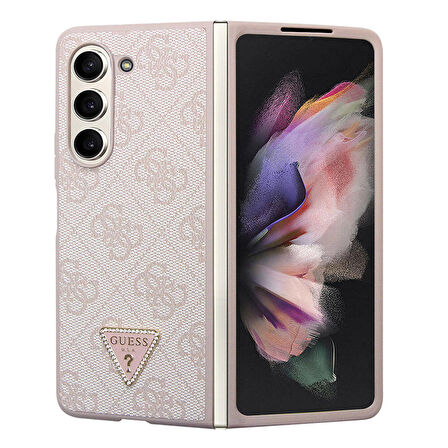 Galaxy Z Fold 5 Uyumlu Kılıf Guess Orjinal Lisanslı PU Deri Taşlı Üçgen Logo 4G Desenli Strass Pembe
