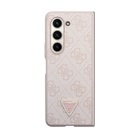 Galaxy Z Fold 5 Uyumlu Kılıf Guess Orjinal Lisanslı PU Deri Taşlı Üçgen Logo 4G Desenli Strass Pembe