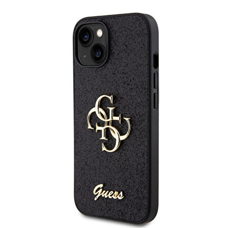 iPhone 15 Uyumlu Kılıf Guess Orjinal Lisanslı 4G Büyük Metal Logolu Glitter Kapak Siyah