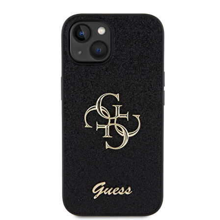 iPhone 15 Uyumlu Kılıf Guess Orjinal Lisanslı 4G Büyük Metal Logolu Glitter Kapak Siyah