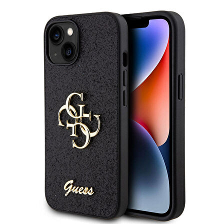 iPhone 15 Plus Uyumlu Kılıf Guess Orjinal Lisanslı 4G Büyük Metal Logolu Glitter Kapak Siyah