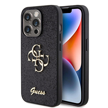 iPhone 15 Pro Max Uyumlu Kılıf Guess Orjinal Lisanslı 4G Büyük Metal Logolu Glitter Kapak Siyah