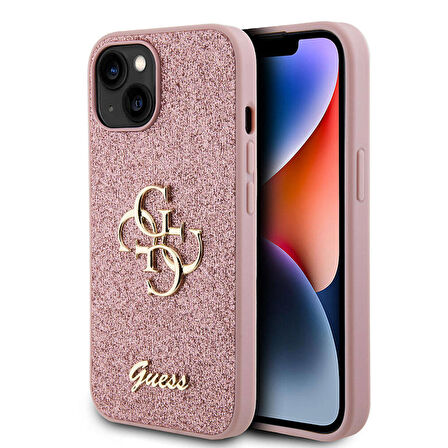 iPhone 15 Uyumlu Kılıf Guess Orjinal Lisanslı 4G Büyük Metal Logolu Glitter Kapak Pembe