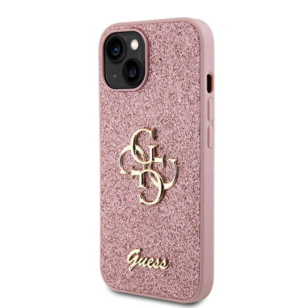 iPhone 15 Uyumlu Kılıf Guess Orjinal Lisanslı 4G Büyük Metal Logolu Glitter Kapak Pembe
