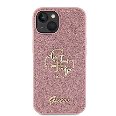 iPhone 15 Uyumlu Kılıf Guess Orjinal Lisanslı 4G Büyük Metal Logolu Glitter Kapak Pembe